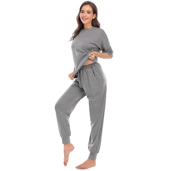 Loungewear 2 Piece Lounge Set matching top & bottom with pockets - Gray - Picture 4 of 9